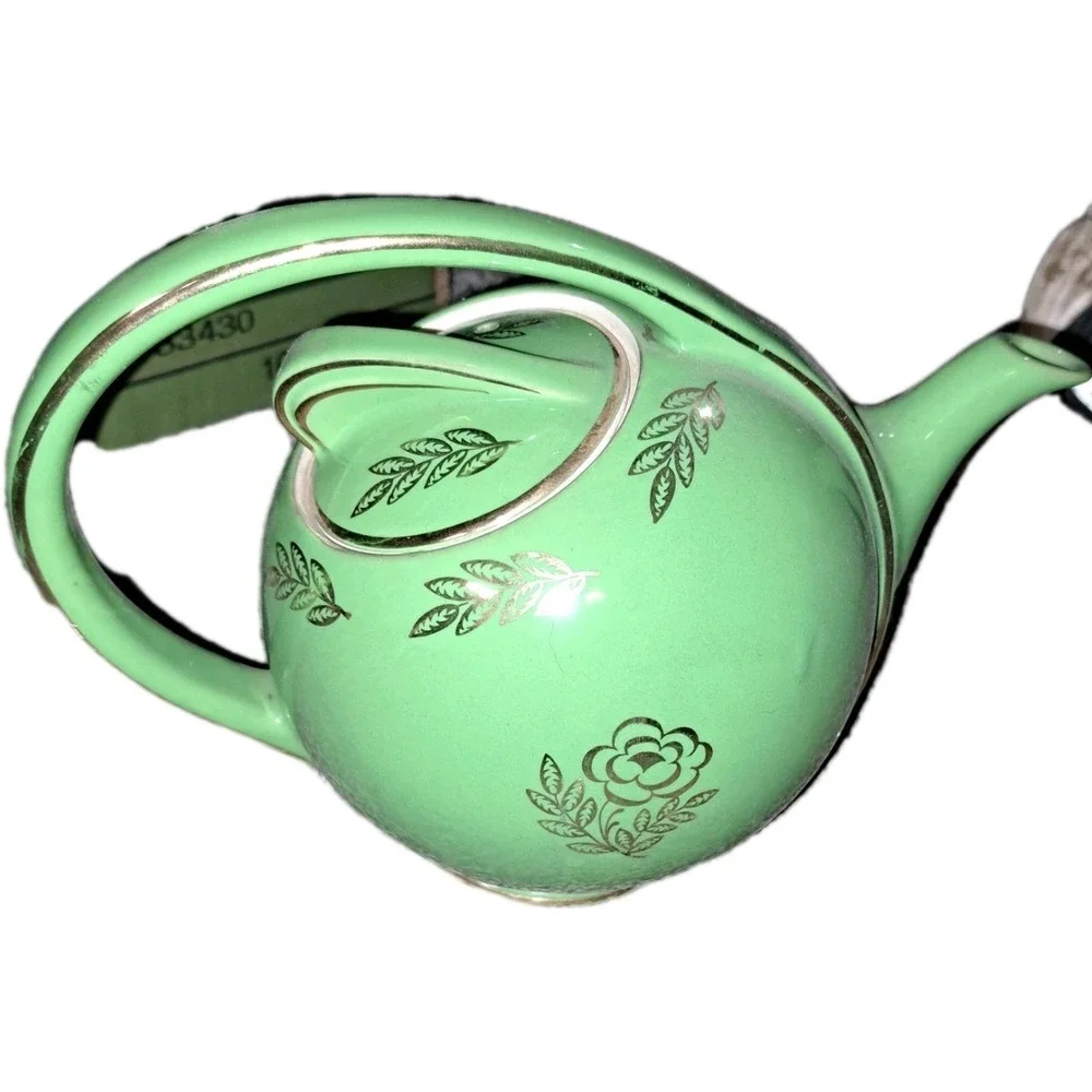 Vintage HALL China 6 Cup AIRFLOW TEAPOT #0452 Green Gold Leaf 1940s Flower